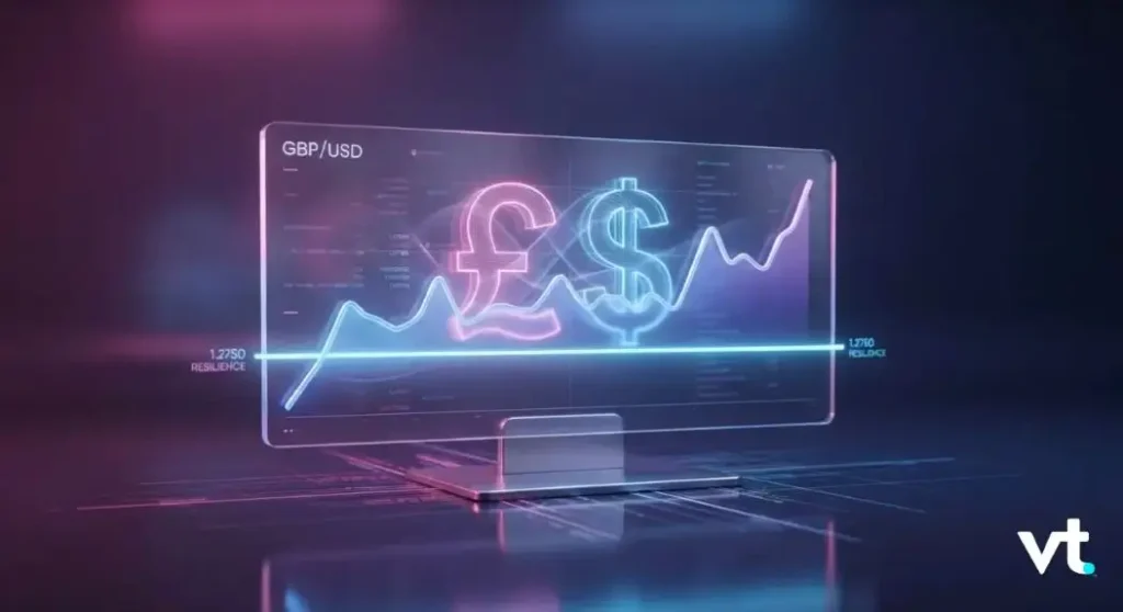 Holographic monitor showing a neon GBP/USD line chart with pound and dollar symbols against a dark background; vt logo bottom right.